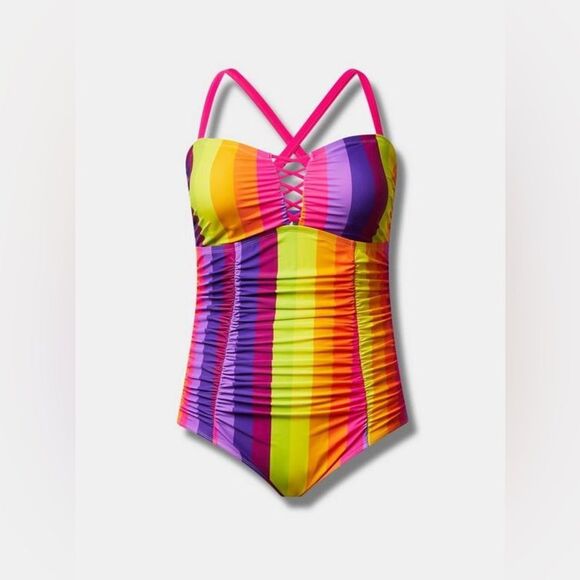 Torrid Wireless Lattice One-Piece Swimsuit in color muted Rainbow NWT in package - Picture 5 of 8